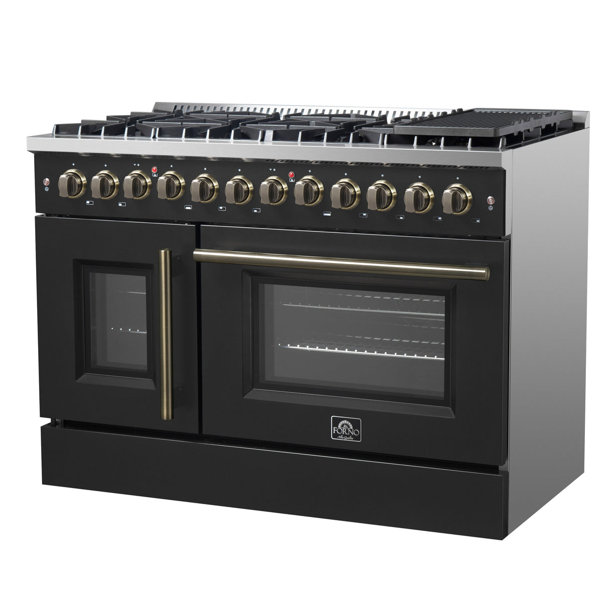 Forno Galiano 48-Inch Dual Fuel Range with French Door Oven, 6.58 cu. ft., 8 Sealed Burners, Griddle, Black with Antique Brass Accents (Model FFSGS6356-48BLK)