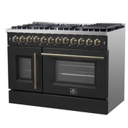 Forno Galiano 48-Inch Dual Fuel Range with French Door Oven, 6.58 cu. ft., 8 Sealed Burners, Griddle, Black with Antique Brass Accents (Model FFSGS6356-48BLK)