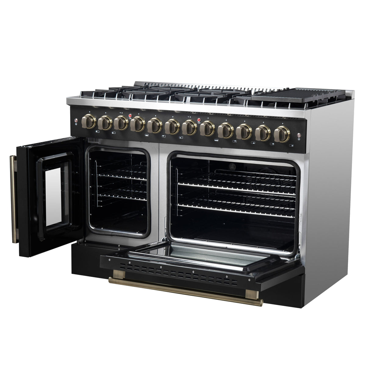 Forno Galiano 48-Inch Dual Fuel Range with French Door Oven, 6.58 cu. ft., 8 Sealed Burners, Griddle, Black with Antique Brass Accents (Model FFSGS6356-48BLK)