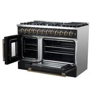 Forno Galiano 48-Inch Dual Fuel Range with French Door Oven, 6.58 cu. ft., 8 Sealed Burners, Griddle, Black with Antique Brass Accents (Model FFSGS6356-48BLK)