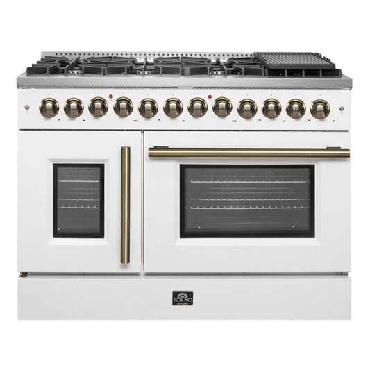 Forno Galiano 48-Inch Dual Fuel Range, 6.58 cu. ft., French Door Oven, 8 Sealed Burners with Griddle, White with Antique Brass Accents (Model FFSGS6356-48WHT)