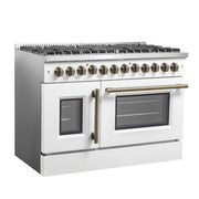 Forno Galiano 48-Inch Dual Fuel Range, 6.58 cu. ft., French Door Oven, 8 Sealed Burners with Griddle, White with Antique Brass Accents (Model FFSGS6356-48WHT)