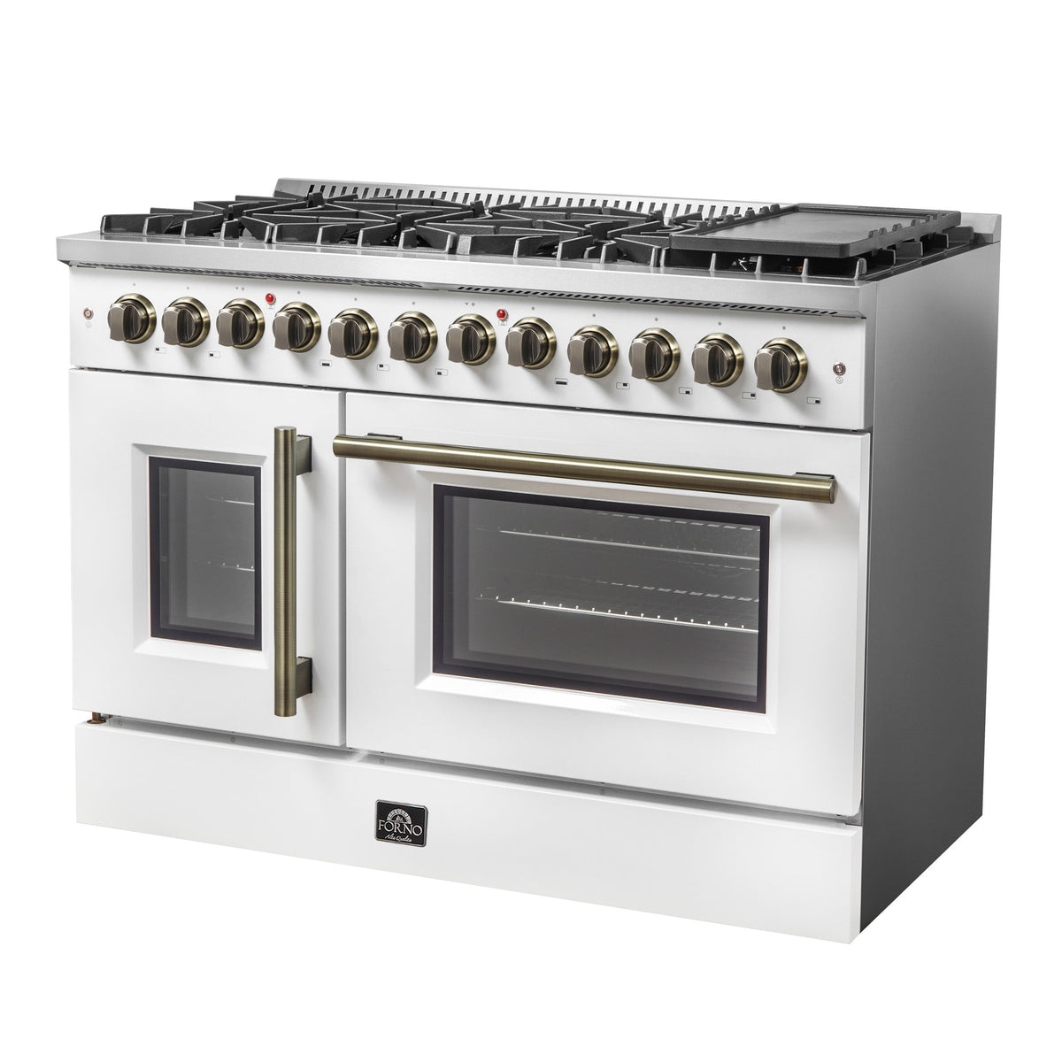Forno Galiano 48-Inch Dual Fuel Range, 6.58 cu. ft., French Door Oven, 8 Sealed Burners with Griddle, White with Antique Brass Accents (Model FFSGS6356-48WHT)