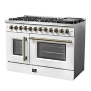 Forno Galiano 48-Inch Dual Fuel Range, 6.58 cu. ft., French Door Oven, 8 Sealed Burners with Griddle, White with Antique Brass Accents (Model FFSGS6356-48WHT)