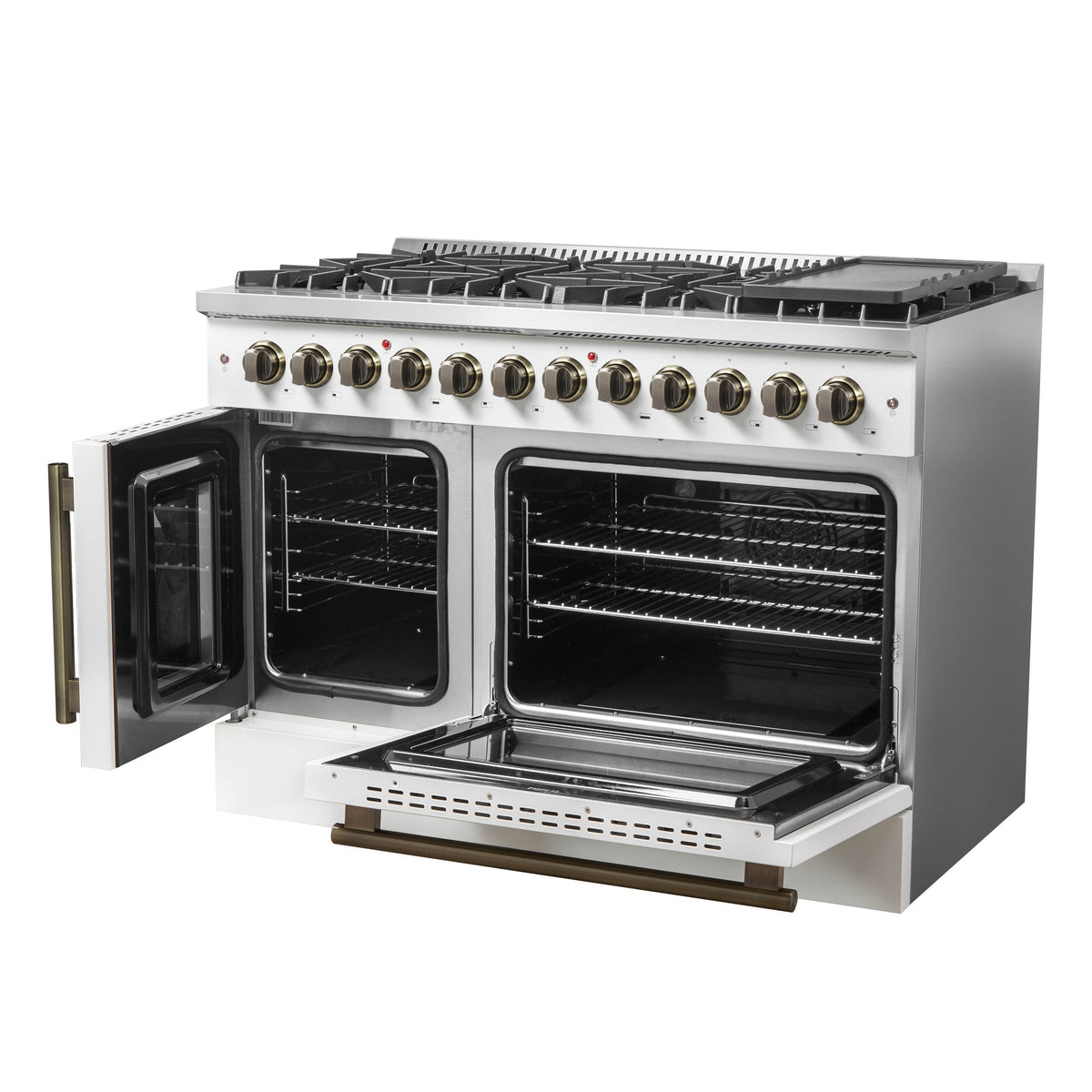 Forno Galiano 48-Inch Dual Fuel Range, 6.58 cu. ft., French Door Oven, 8 Sealed Burners with Griddle, White with Antique Brass Accents (Model FFSGS6356-48WHT)