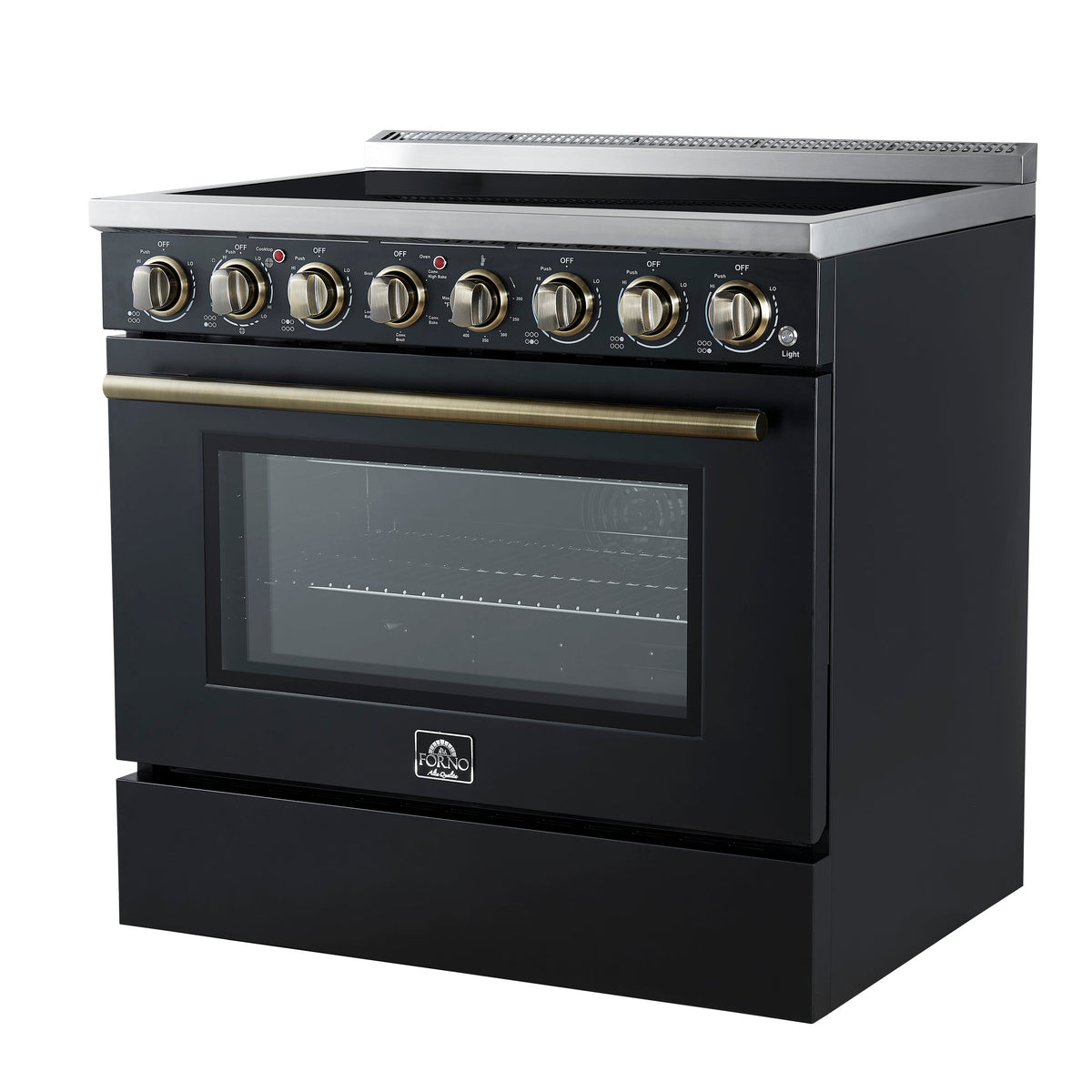 Forno Paolo 36-Inch Freestanding Electric Range, 5.44 cu. ft. True Convection Oven, Black with Antique Brass Accents (Model FFSEL6011-36BLK)