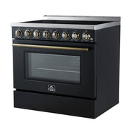 Forno Paolo 36-Inch Freestanding Electric Range, 5.44 cu. ft. True Convection Oven, Black with Antique Brass Accents (Model FFSEL6011-36BLK)