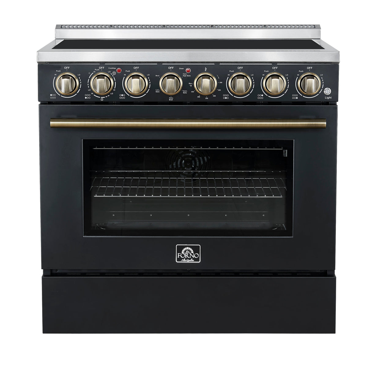 Forno Paolo 36-Inch Freestanding Electric Range, 5.44 cu. ft. True Convection Oven, Black with Antique Brass Accents (Model FFSEL6011-36BLK)