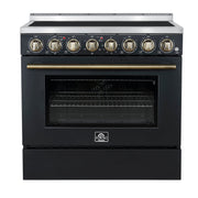 Forno Paolo 36-Inch Freestanding Electric Range, 5.44 cu. ft. True Convection Oven, Black with Antique Brass Accents (Model FFSEL6011-36BLK)