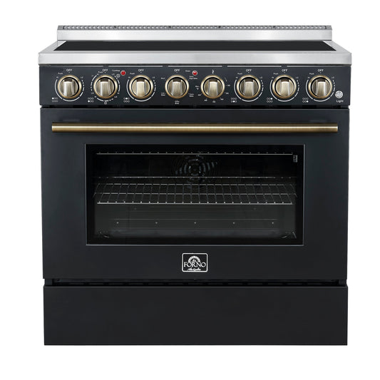 Forno Paolo 36-Inch Freestanding Electric Range, 5.44 cu. ft. True Convection Oven, Black with Antique Brass Accents (Model FFSEL6011-36BLK)