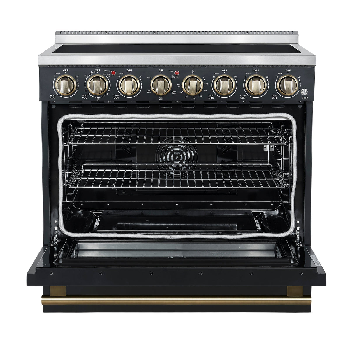 Forno Paolo 36-Inch Freestanding Electric Range, 5.44 cu. ft. True Convection Oven, Black with Antique Brass Accents (Model FFSEL6011-36BLK)