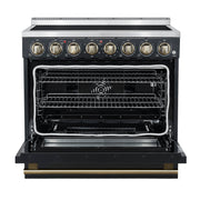 Forno Paolo 36-Inch Freestanding Electric Range, 5.44 cu. ft. True Convection Oven, Black with Antique Brass Accents (Model FFSEL6011-36BLK)