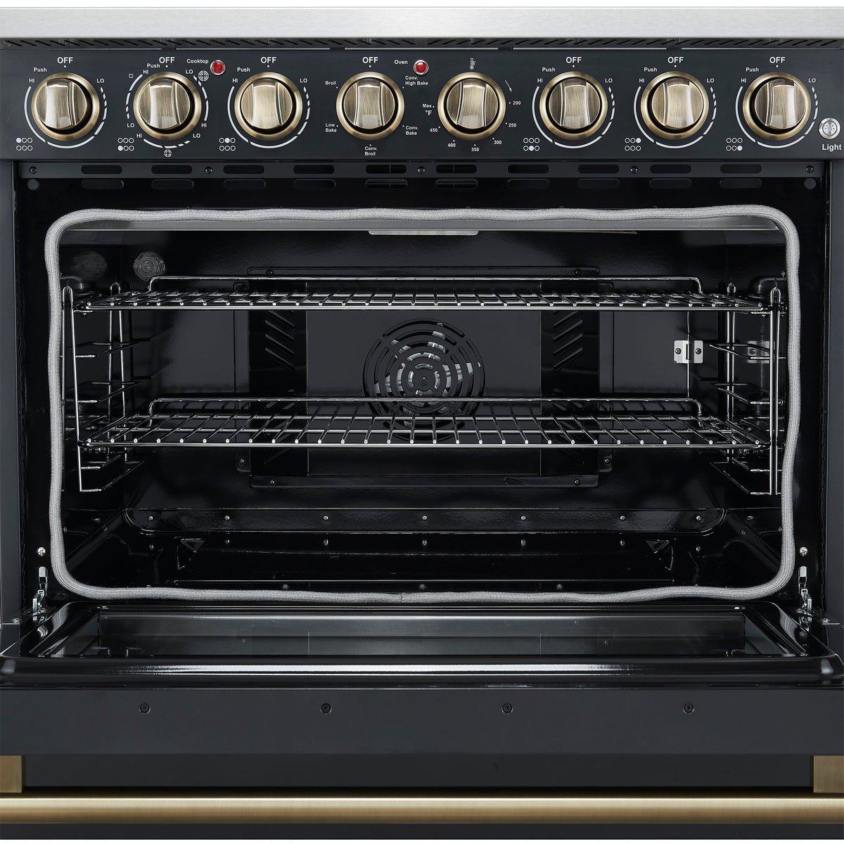 Forno Paolo 36-Inch Freestanding Electric Range, 5.44 cu. ft. True Convection Oven, Black with Antique Brass Accents (Model FFSEL6011-36BLK)