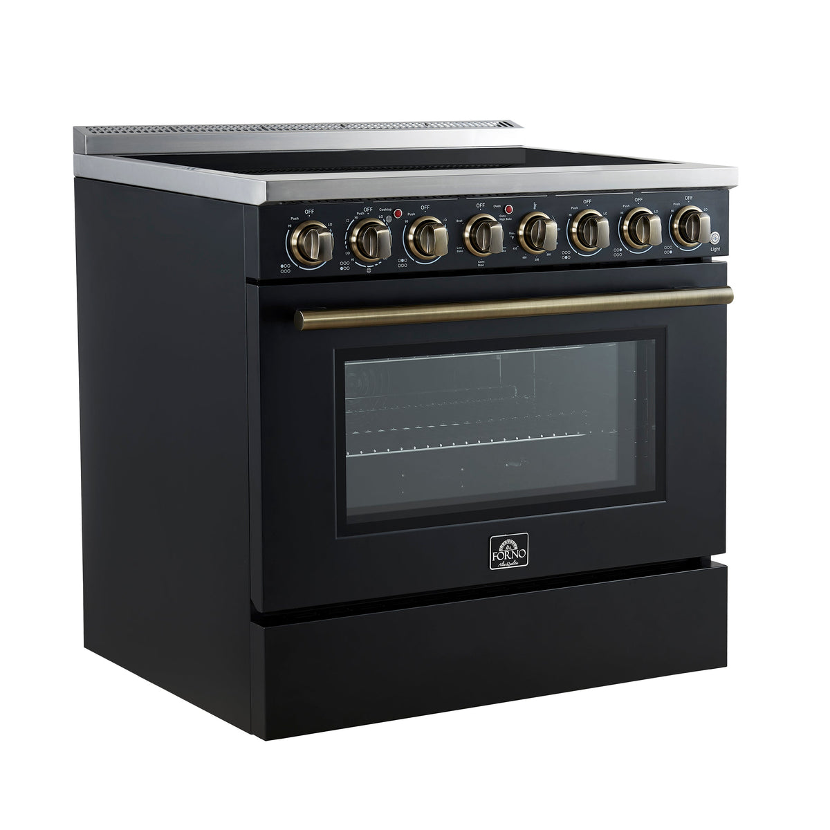 Forno Paolo 36-Inch Freestanding Electric Range, 5.44 cu. ft. True Convection Oven, Black with Antique Brass Accents (Model FFSEL6011-36BLK)
