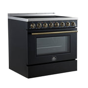 Forno Paolo 36-Inch Freestanding Electric Range, 5.44 cu. ft. True Convection Oven, Black with Antique Brass Accents (Model FFSEL6011-36BLK)
