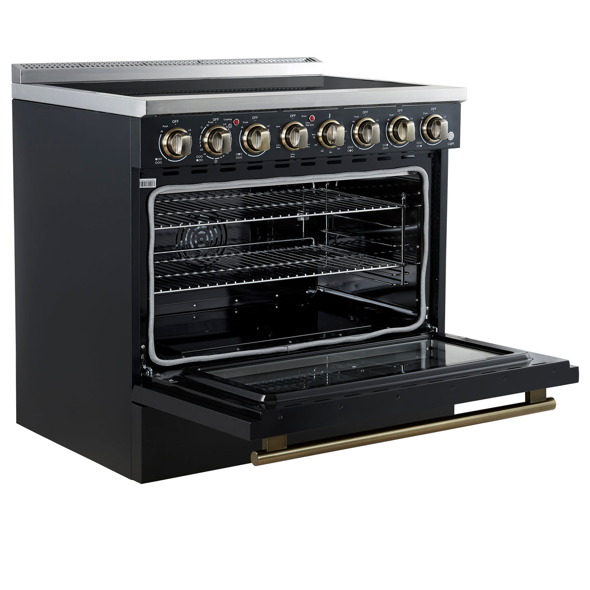 Forno Paolo 36-Inch Freestanding Electric Range, 5.44 cu. ft. True Convection Oven, Black with Antique Brass Accents (Model FFSEL6011-36BLK)
