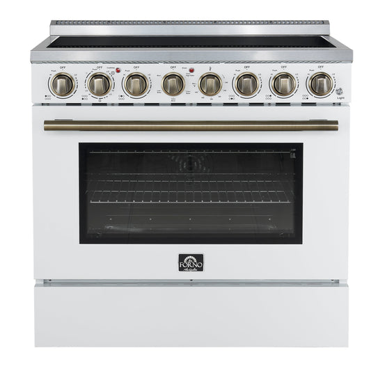 Forno Paolo 36-Inch Freestanding Electric Range with 5.44 cu. ft. True Convection Oven, White with Antique Brass Accents (FFSEL6011-36WHT)