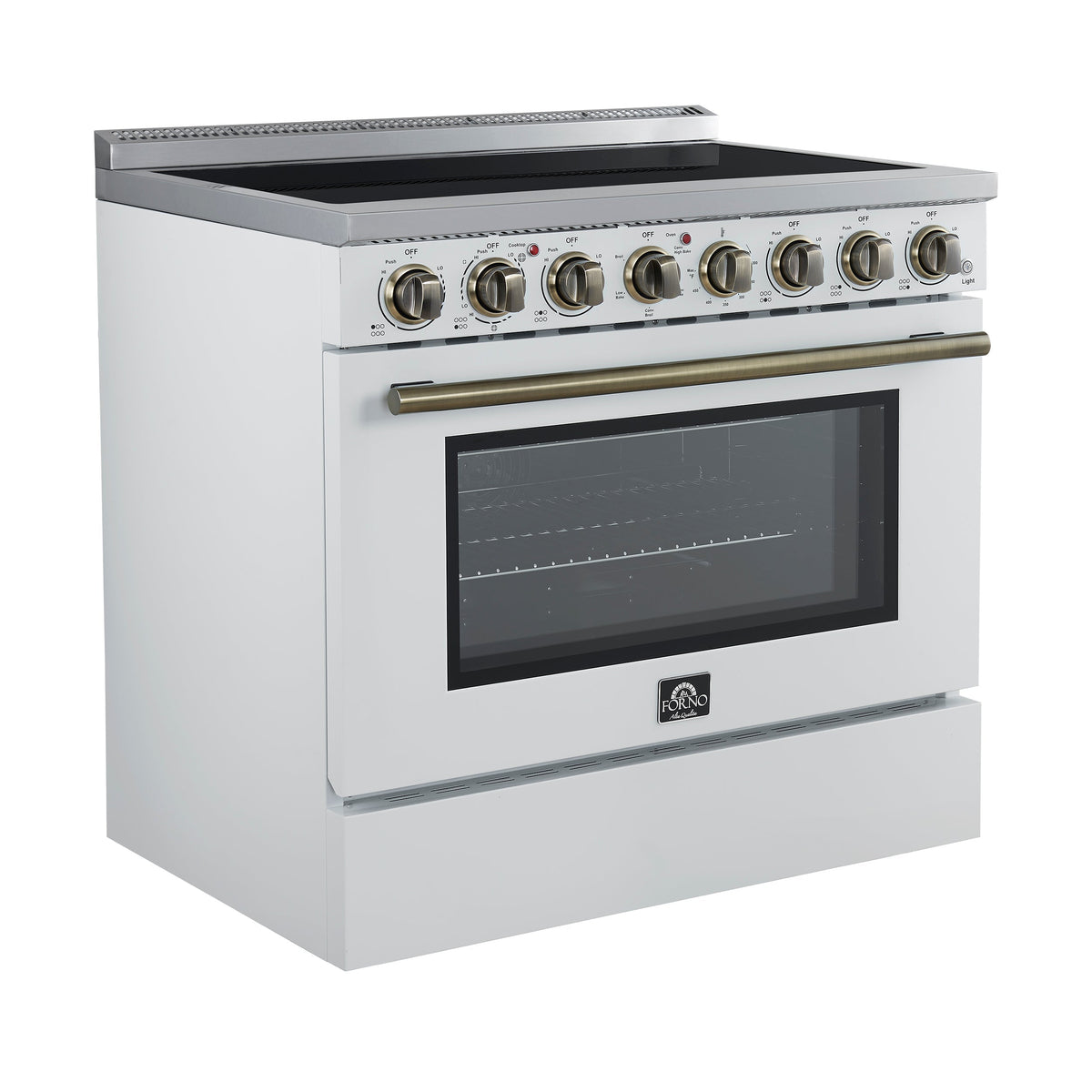 Forno Paolo 36-Inch Freestanding Electric Range with 5.44 cu. ft. True Convection Oven, White with Antique Brass Accents (FFSEL6011-36WHT)