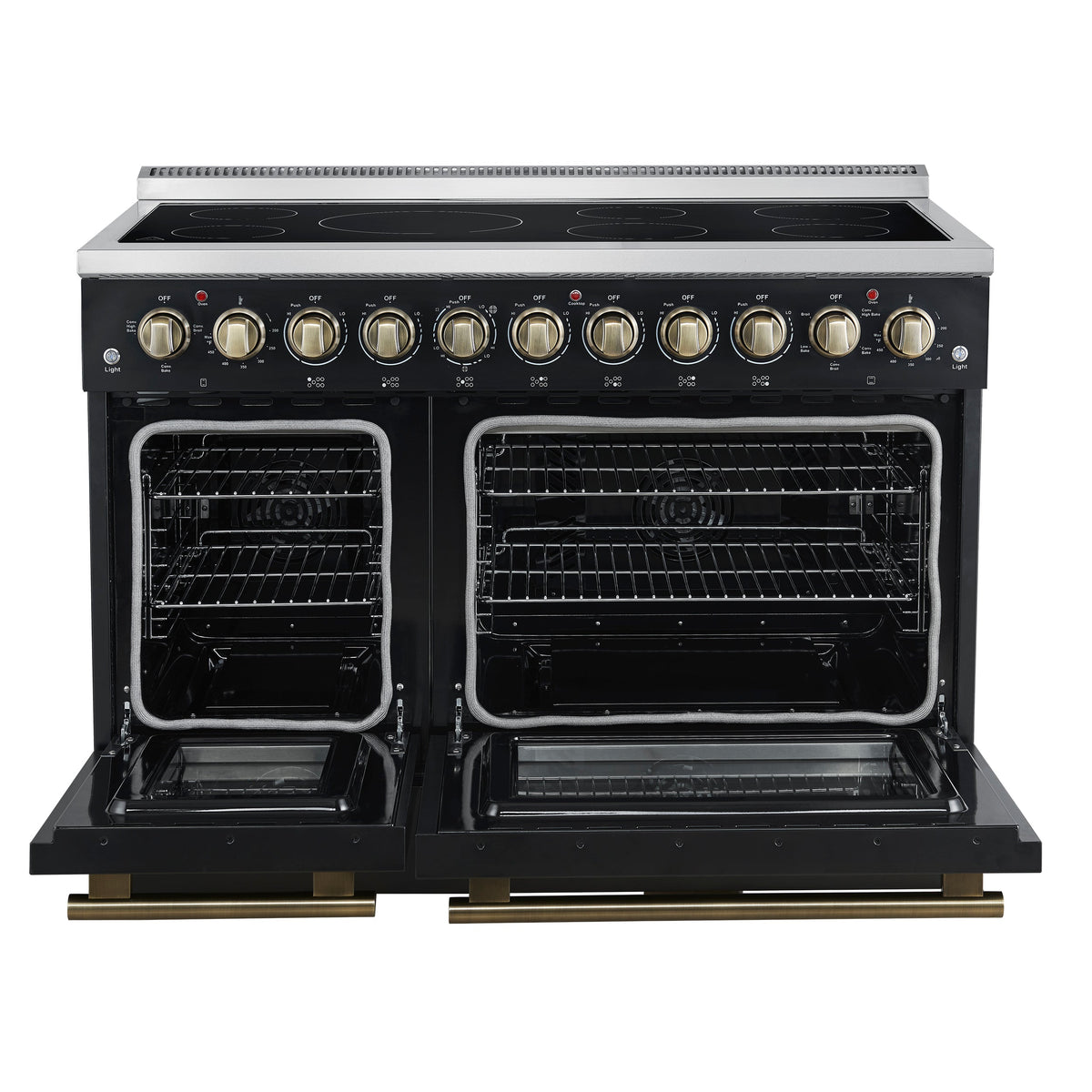 Forno Paolo 48-Inch Freestanding Electric Range, 6.7 cu. ft. True Convection Oven, Black with Antique Brass Accents (Model FFSEL6011-48BLK)