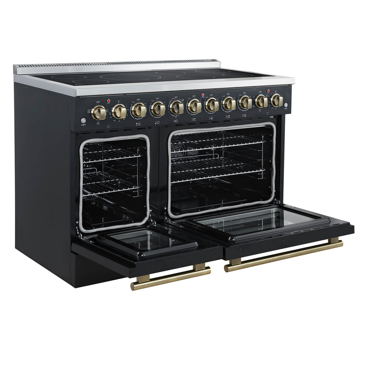 Forno Paolo 48-Inch Freestanding Electric Range, 6.7 cu. ft. True Convection Oven, Black with Antique Brass Accents (Model FFSEL6011-48BLK)