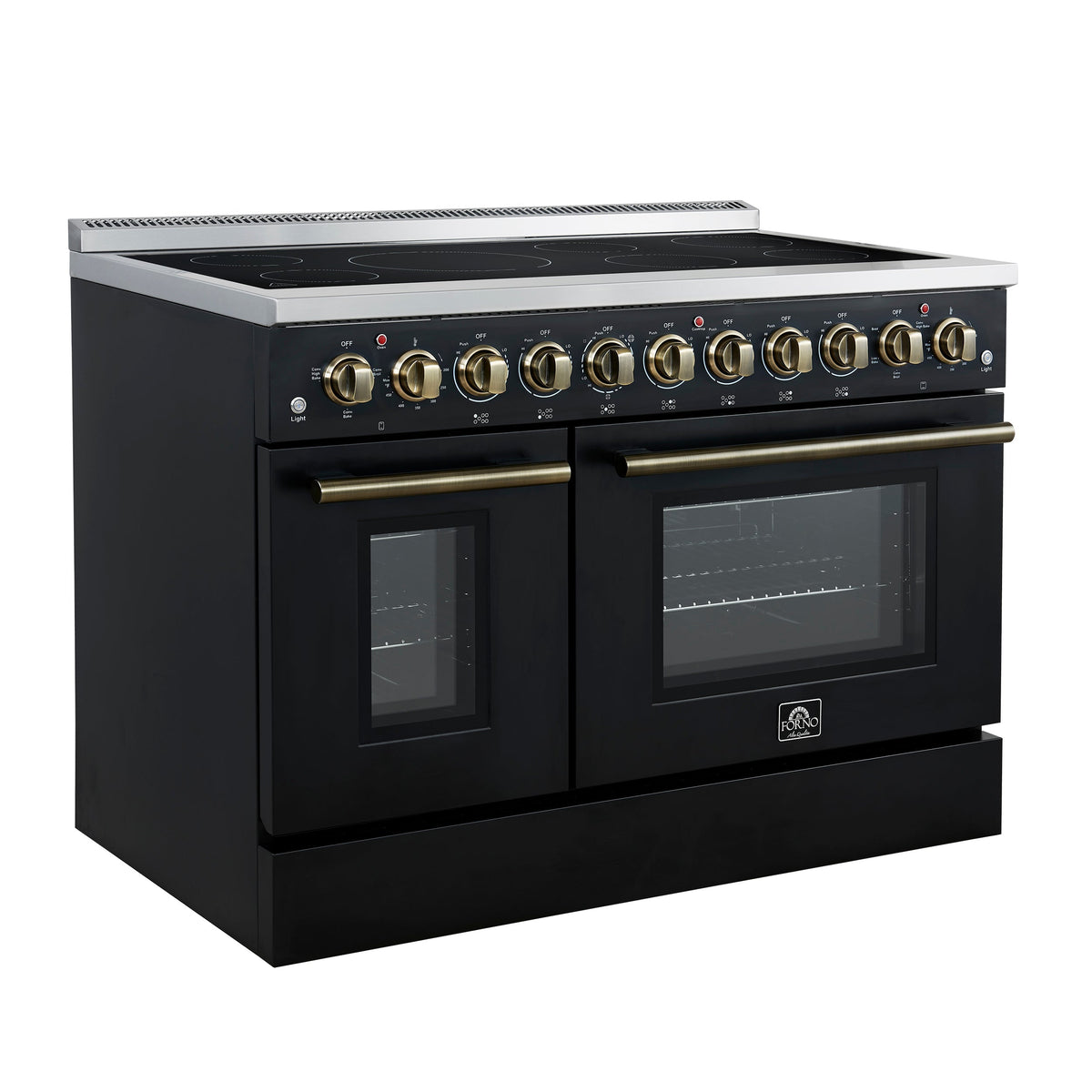 Forno Paolo 48-Inch Freestanding Electric Range, 6.7 cu. ft. True Convection Oven, Black with Antique Brass Accents (Model FFSEL6011-48BLK)
