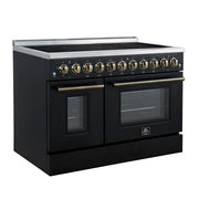 Forno Paolo 48-Inch Freestanding Electric Range, 6.7 cu. ft. True Convection Oven, Black with Antique Brass Accents (Model FFSEL6011-48BLK)