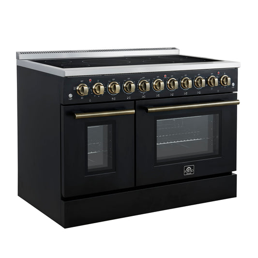 Forno Paolo 48-Inch Freestanding Electric Range, 6.7 cu. ft. True Convection Oven, Black with Antique Brass Accents (Model FFSEL6011-48BLK)