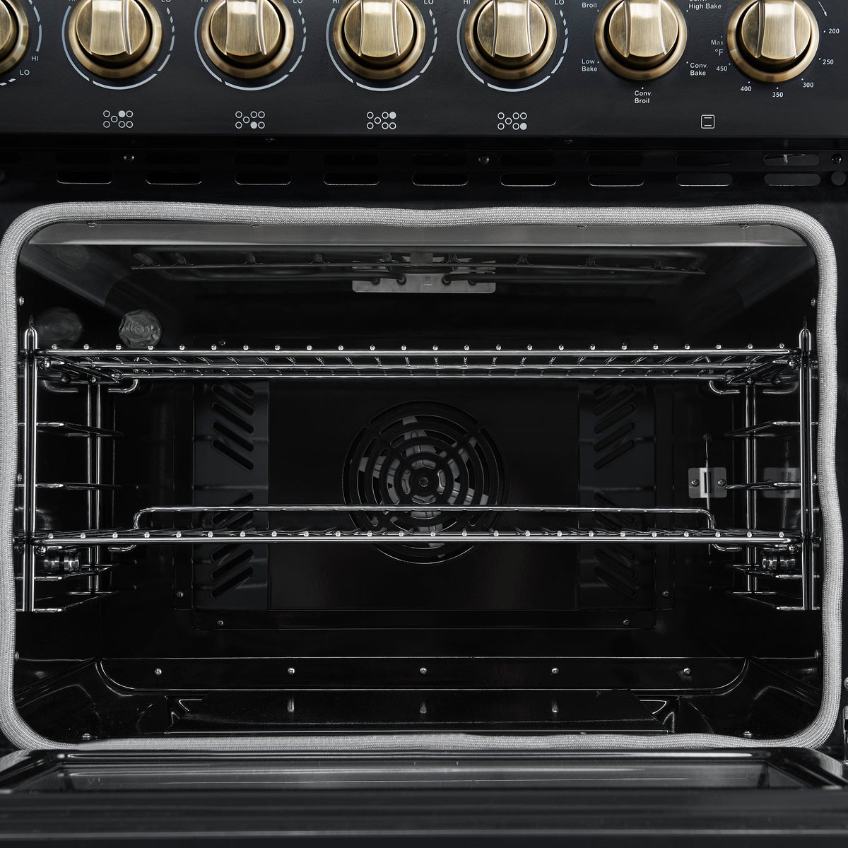 Forno Paolo 48-Inch Freestanding Electric Range, 6.7 cu. ft. True Convection Oven, Black with Antique Brass Accents (Model FFSEL6011-48BLK)