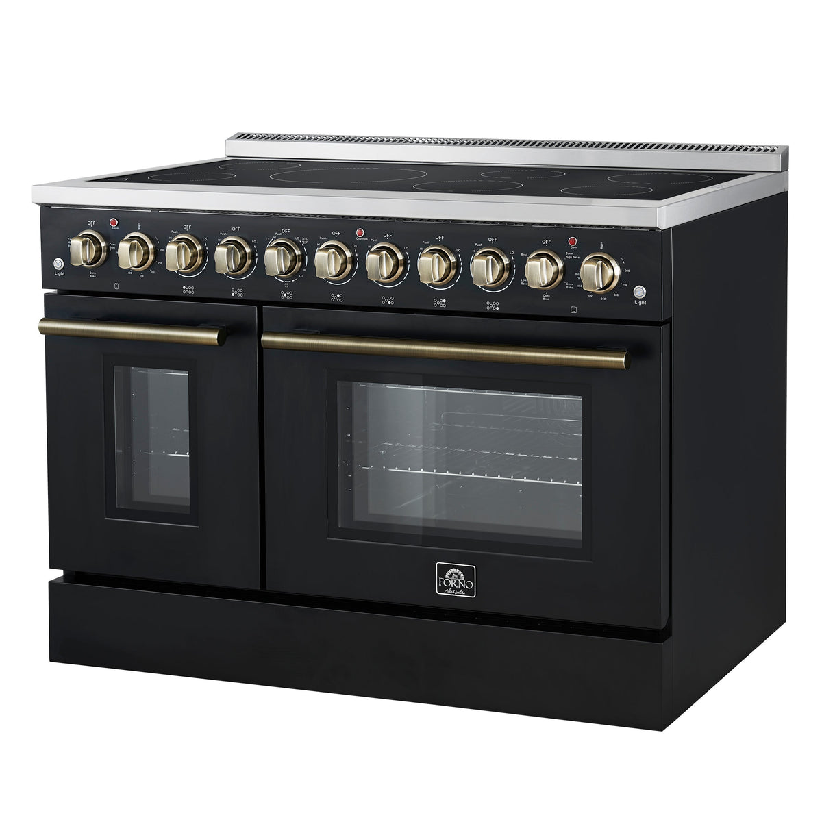 Forno Paolo 48-Inch Freestanding Electric Range, 6.7 cu. ft. True Convection Oven, Black with Antique Brass Accents (Model FFSEL6011-48BLK)
