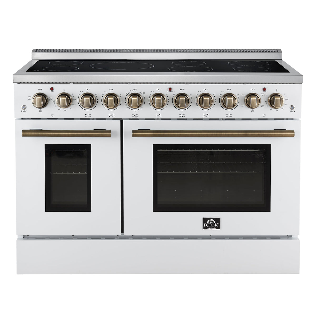 Forno Paolo 48-Inch Freestanding Electric Range with True Convection Oven, 6.7 Cu. Ft., White with Antique Brass Accents (Model FFSEL6011-48WHT)