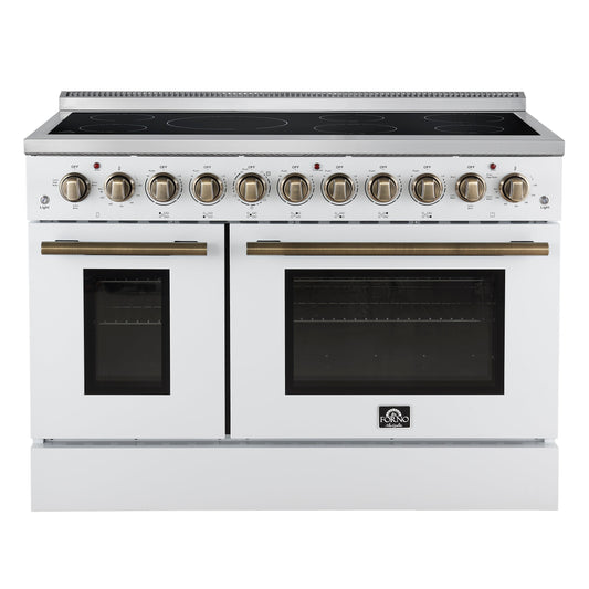 Forno Paolo 48-Inch Freestanding Electric Range with True Convection Oven, 6.7 Cu. Ft., White with Antique Brass Accents (Model FFSEL6011-48WHT)