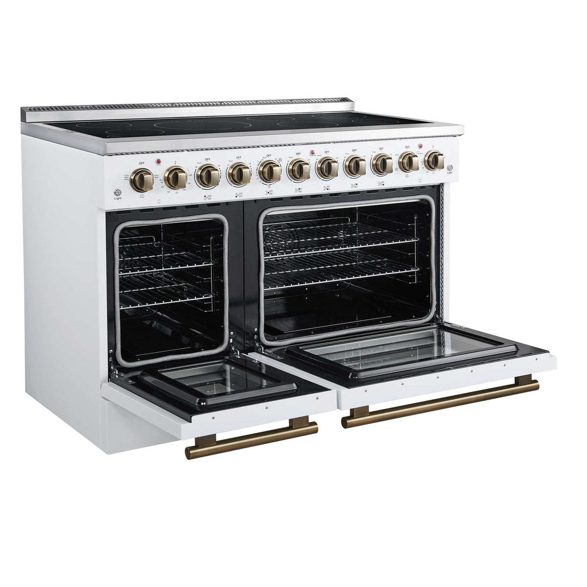 Forno Paolo 48-Inch Freestanding Electric Range with True Convection Oven, 6.7 Cu. Ft., White with Antique Brass Accents (Model FFSEL6011-48WHT)