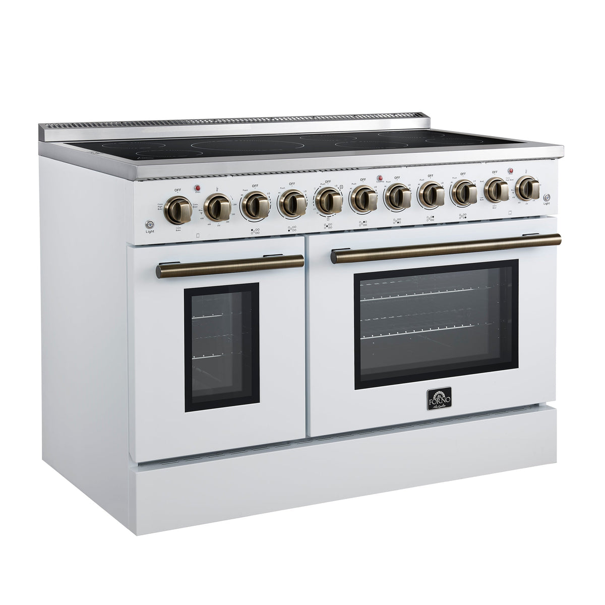 Forno Paolo 48-Inch Freestanding Electric Range with True Convection Oven, 6.7 Cu. Ft., White with Antique Brass Accents (Model FFSEL6011-48WHT)