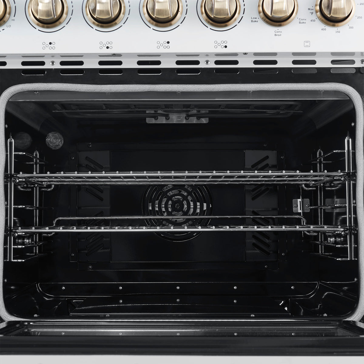 Forno Paolo 48-Inch Freestanding Electric Range with True Convection Oven, 6.7 Cu. Ft., White with Antique Brass Accents (Model FFSEL6011-48WHT)
