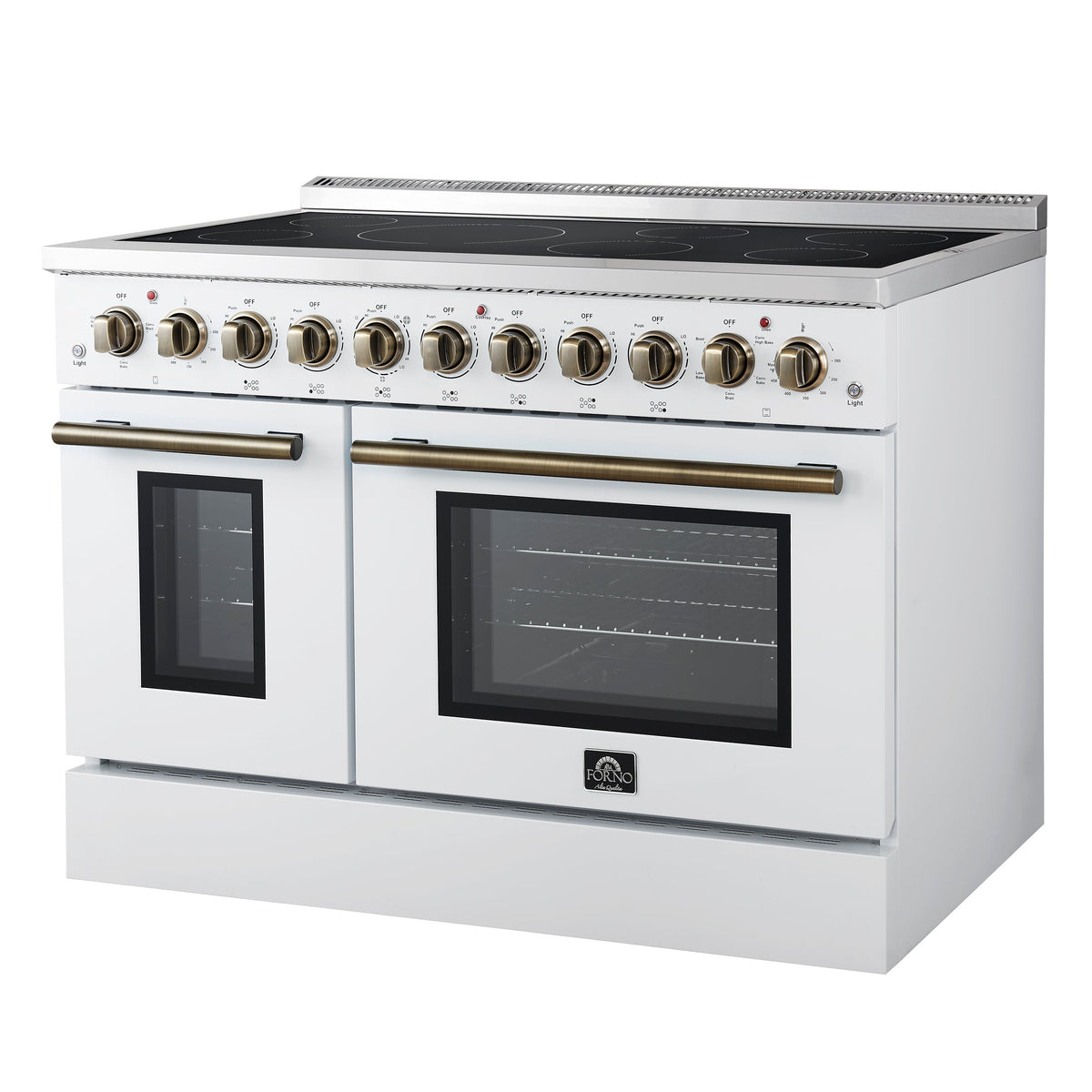 Forno Paolo 48-Inch Freestanding Electric Range with True Convection Oven, 6.7 Cu. Ft., White with Antique Brass Accents (Model FFSEL6011-48WHT)
