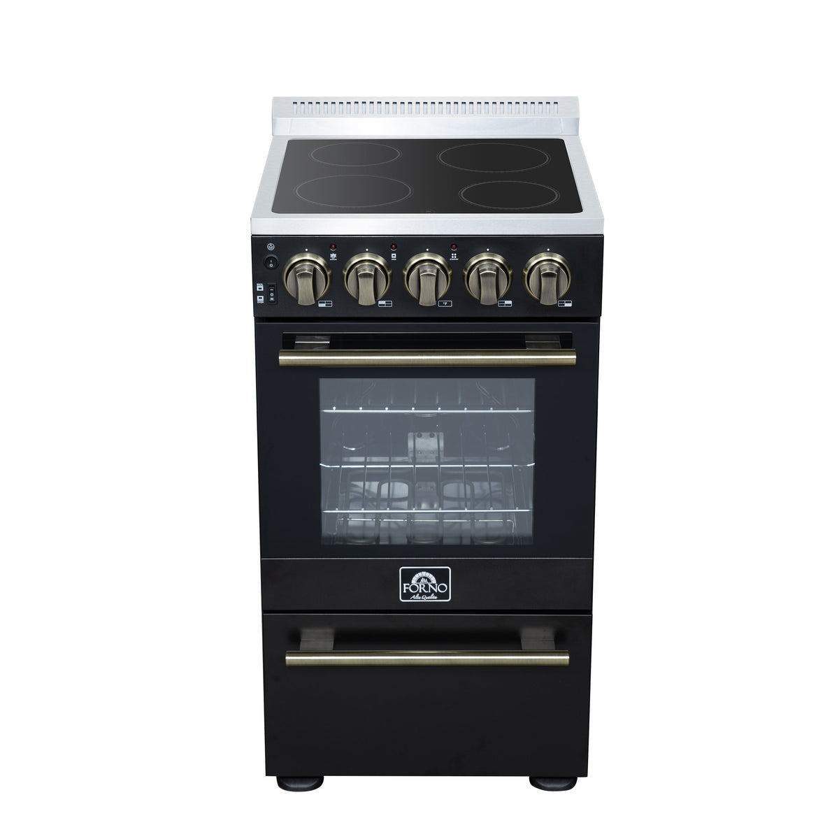 Forno Pallerno 20-Inch Freestanding Electric Range with 4 Radiant Elements, 2.05 cu. ft. Oven, Storage Drawer, Black with Antique Brass Acccents (Model FFSEL6052-20BLK)
