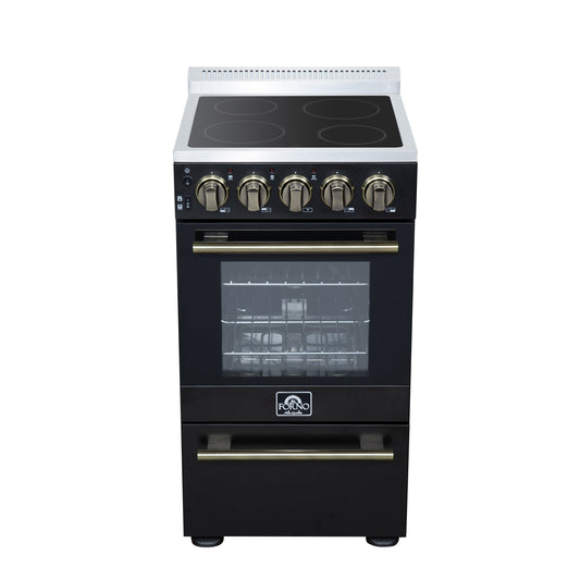Forno Pallerno 20-Inch Freestanding Electric Range with 4 Radiant Elements, 2.05 cu. ft. Oven, Storage Drawer, Black with Antique Brass Acccents (Model FFSEL6052-20BLK)