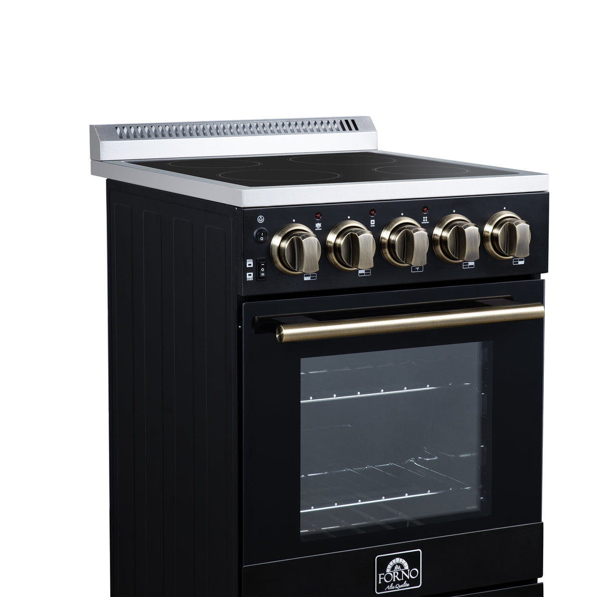 Forno Pallerno 20-Inch Freestanding Electric Range with 4 Radiant Elements, 2.05 cu. ft. Oven, Storage Drawer, Black with Antique Brass Acccents (Model FFSEL6052-20BLK)