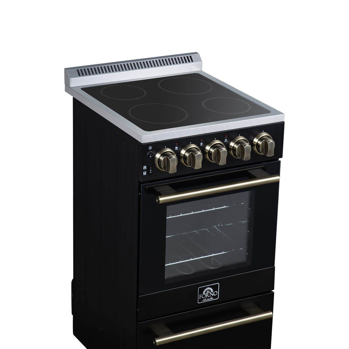 Forno Pallerno 20-Inch Freestanding Electric Range with 4 Radiant Elements, 2.05 cu. ft. Oven, Storage Drawer, Black with Antique Brass Acccents (Model FFSEL6052-20BLK)