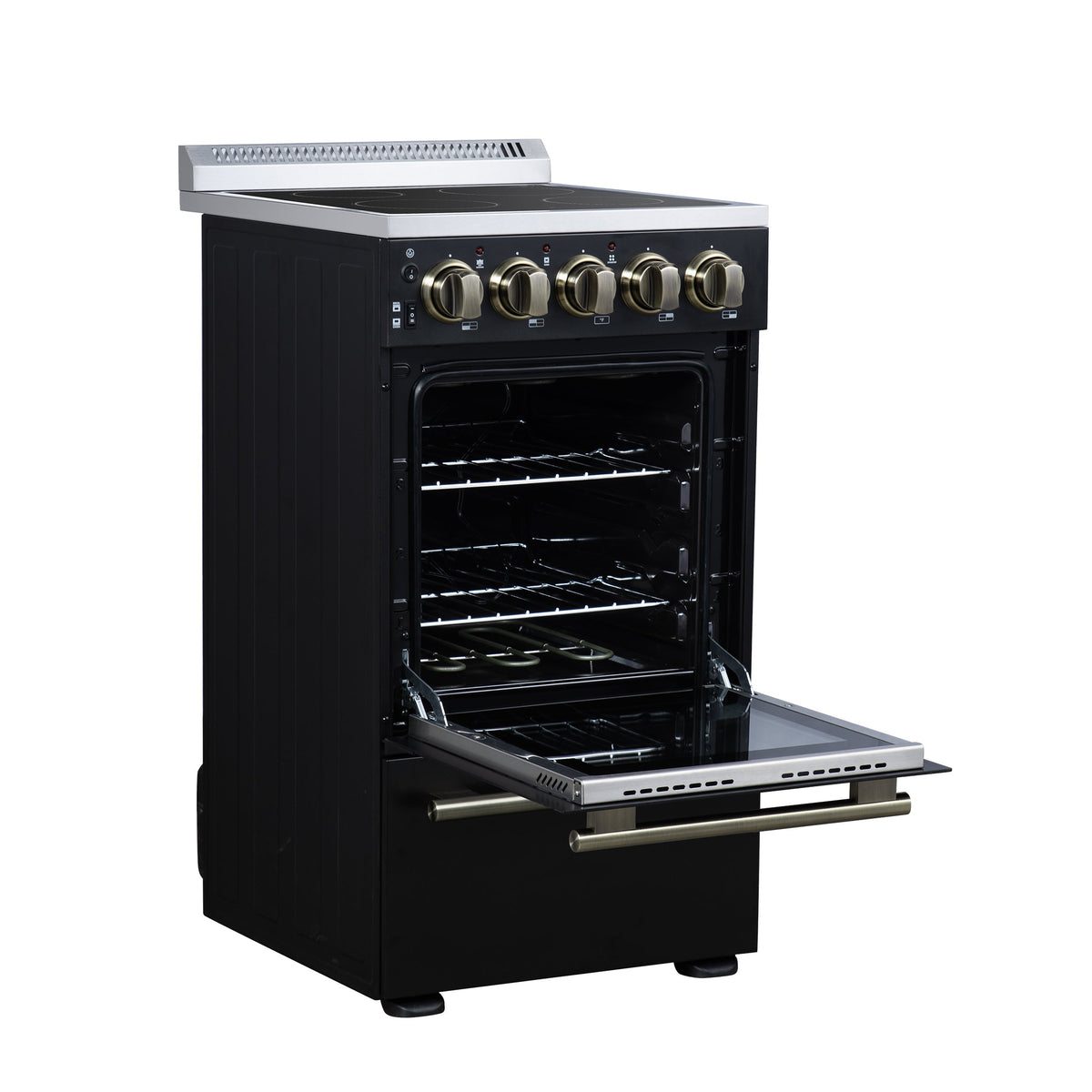 Forno Pallerno 20-Inch Freestanding Electric Range with 4 Radiant Elements, 2.05 cu. ft. Oven, Storage Drawer, Black with Antique Brass Acccents (Model FFSEL6052-20BLK)