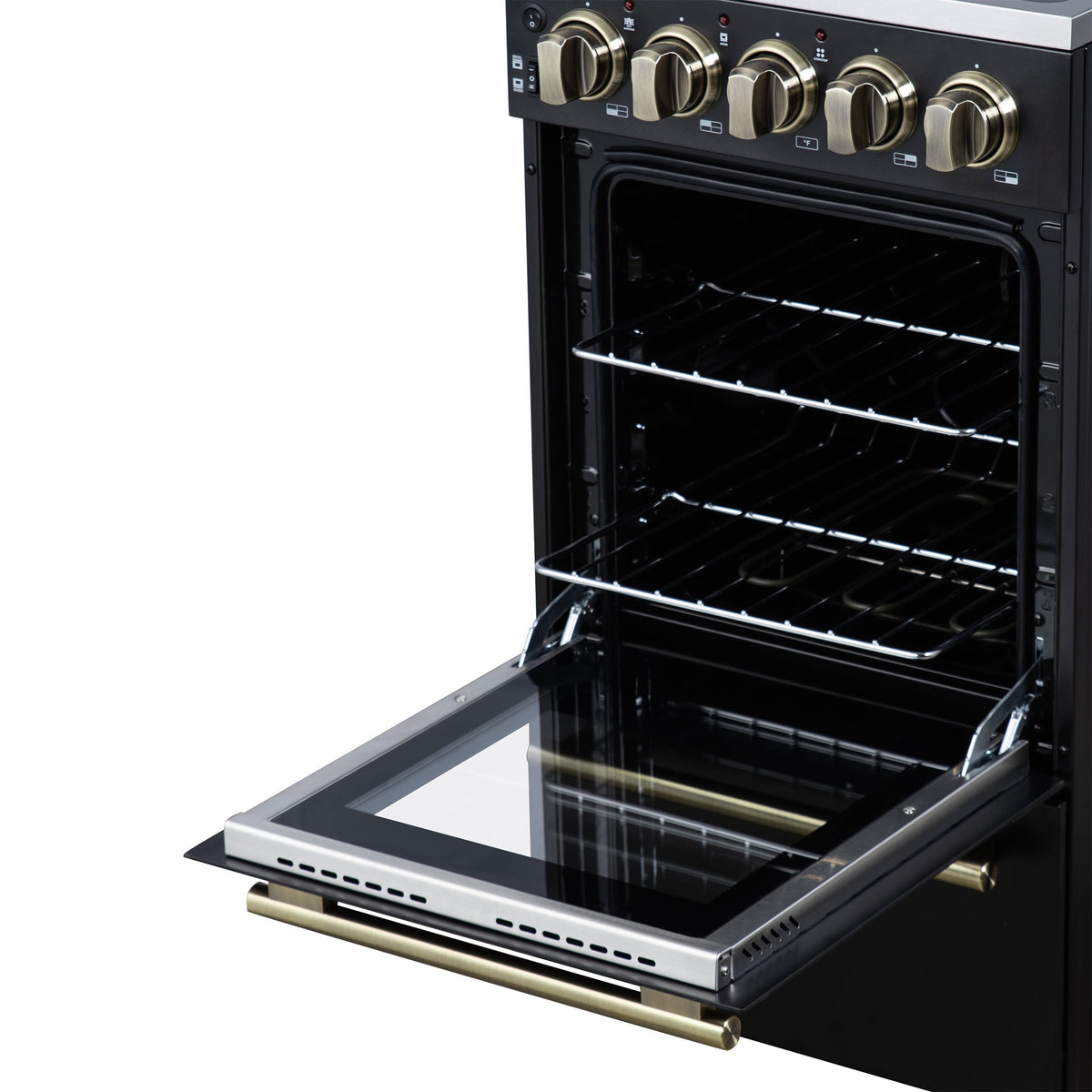 Forno Pallerno 20-Inch Freestanding Electric Range with 4 Radiant Elements, 2.05 cu. ft. Oven, Storage Drawer, Black with Antique Brass Acccents (Model FFSEL6052-20BLK)