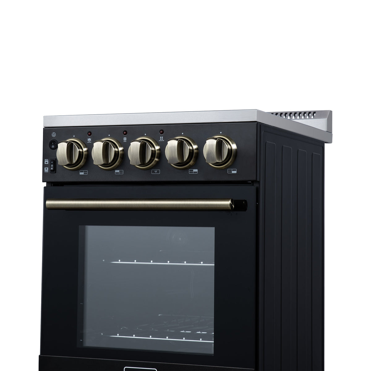 Forno Pallerno 20-Inch Freestanding Electric Range with 4 Radiant Elements, 2.05 cu. ft. Oven, Storage Drawer, Black with Antique Brass Acccents (Model FFSEL6052-20BLK)
