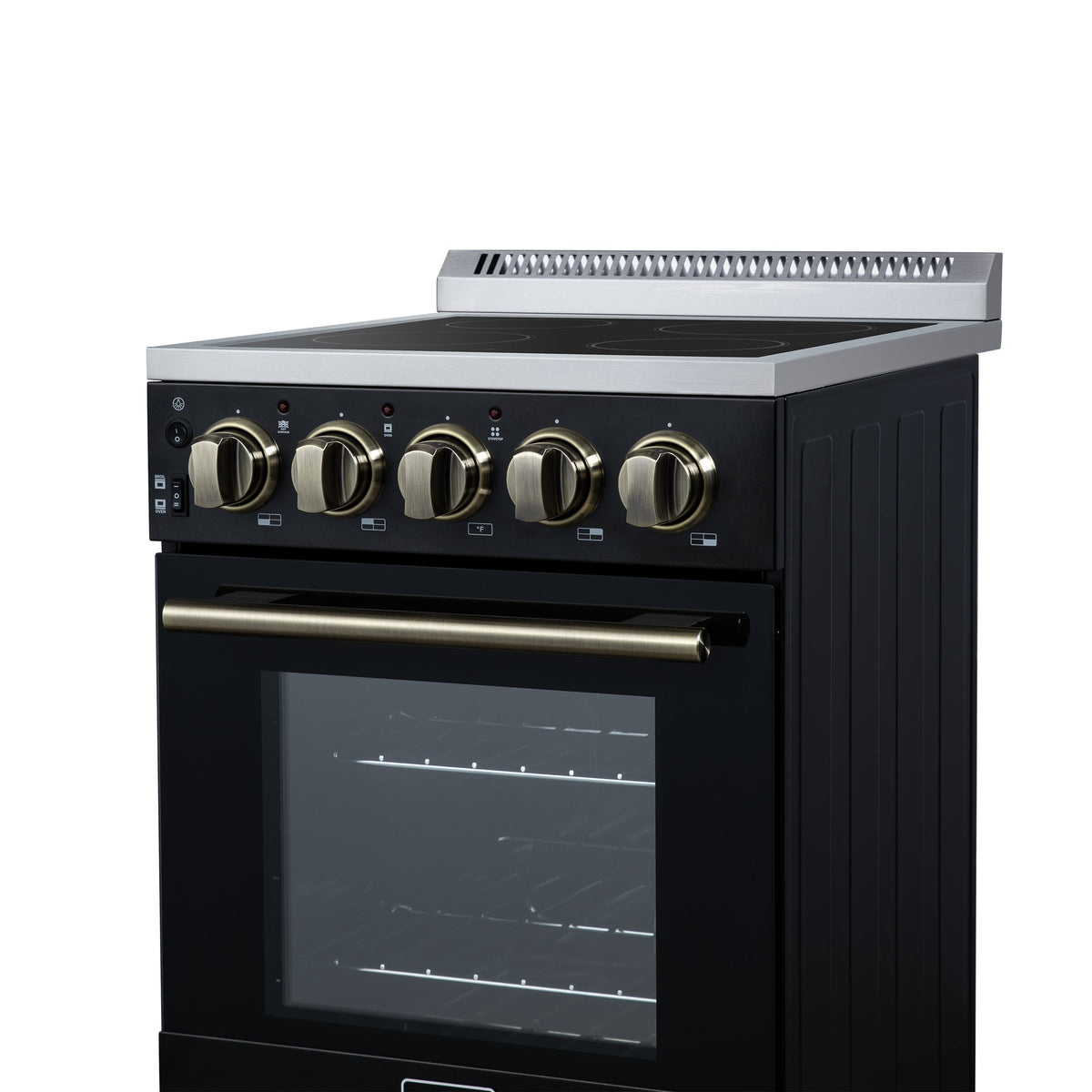 Forno Pallerno 20-Inch Freestanding Electric Range with 4 Radiant Elements, 2.05 cu. ft. Oven, Storage Drawer, Black with Antique Brass Acccents (Model FFSEL6052-20BLK)