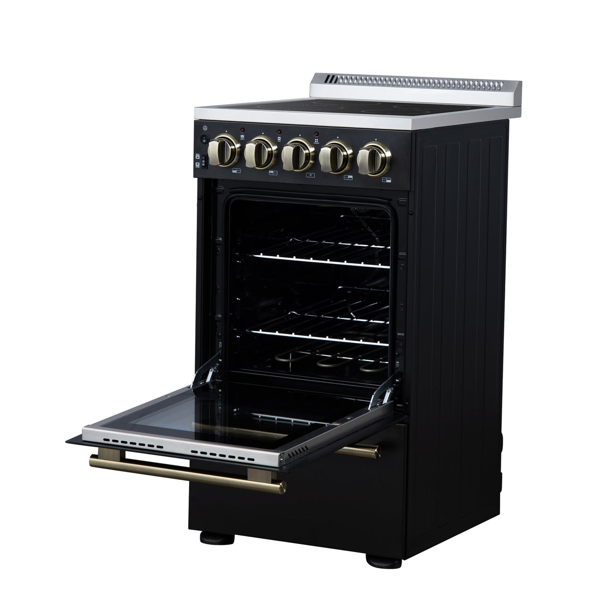 Forno Pallerno 20-Inch Freestanding Electric Range with 4 Radiant Elements, 2.05 cu. ft. Oven, Storage Drawer, Black with Antique Brass Acccents (Model FFSEL6052-20BLK)