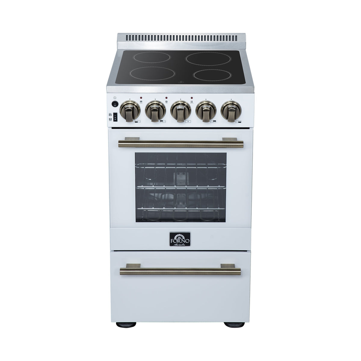 Forno Pallerno 20-Inch Freestanding Electric Range, 2.05 cu ft, 4 Radiant Elements, Storage Drawer, White with Antique Brass Accents (Model FFSEL6052-20WHT)