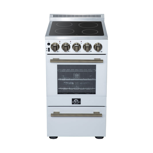Forno Pallerno 20-Inch Freestanding Electric Range, 2.05 cu ft, 4 Radiant Elements, Storage Drawer, White with Antique Brass Accents (Model FFSEL6052-20WHT)