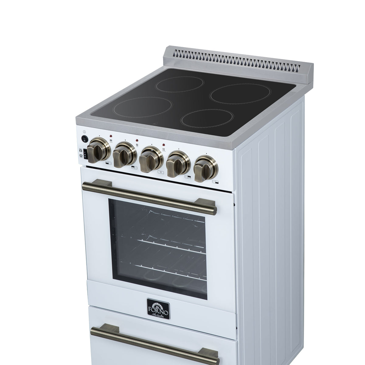 Forno Pallerno 20-Inch Freestanding Electric Range, 2.05 cu ft, 4 Radiant Elements, Storage Drawer, White with Antique Brass Accents (Model FFSEL6052-20WHT)