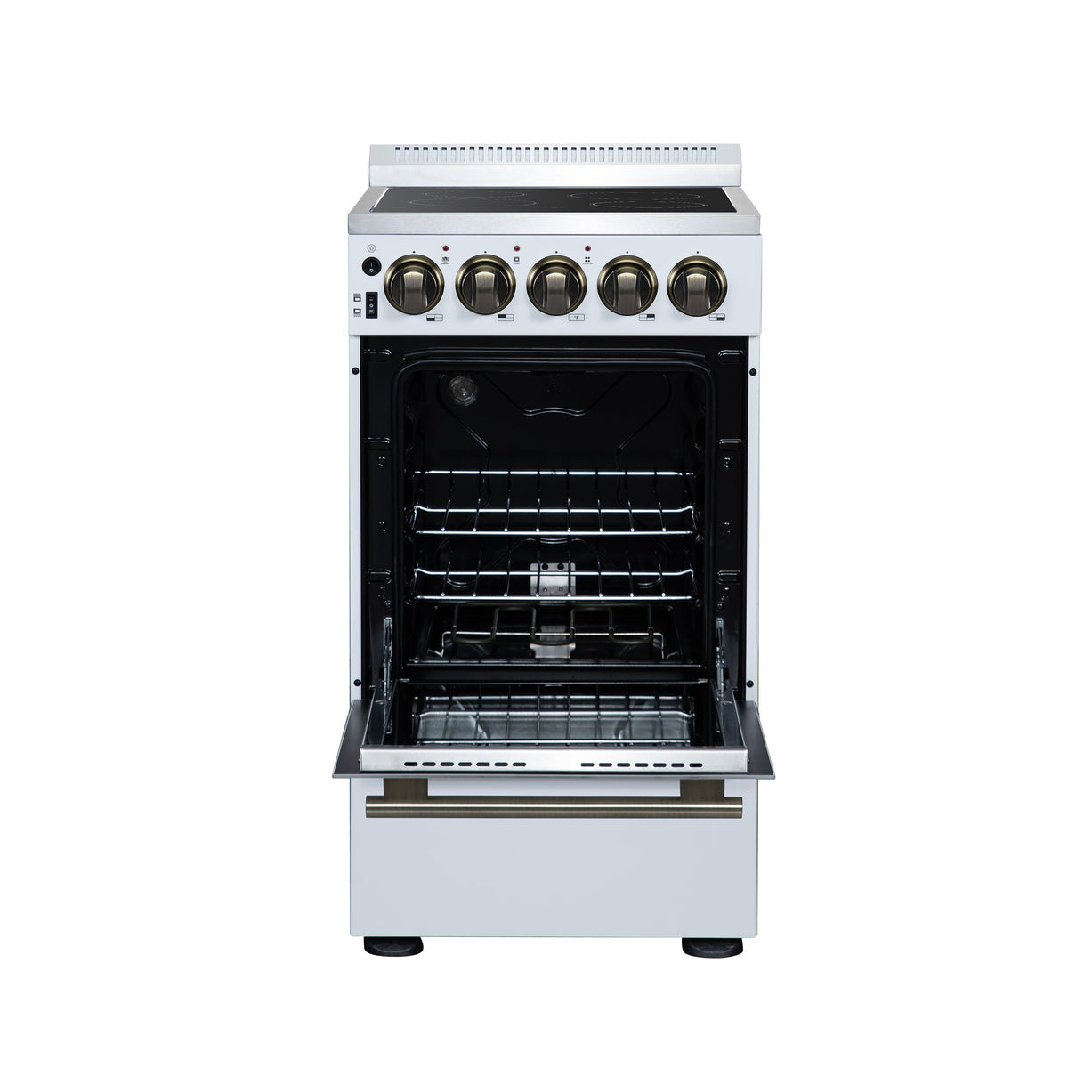 Forno Pallerno 20-Inch Freestanding Electric Range, 2.05 cu ft, 4 Radiant Elements, Storage Drawer, White with Antique Brass Accents (Model FFSEL6052-20WHT)