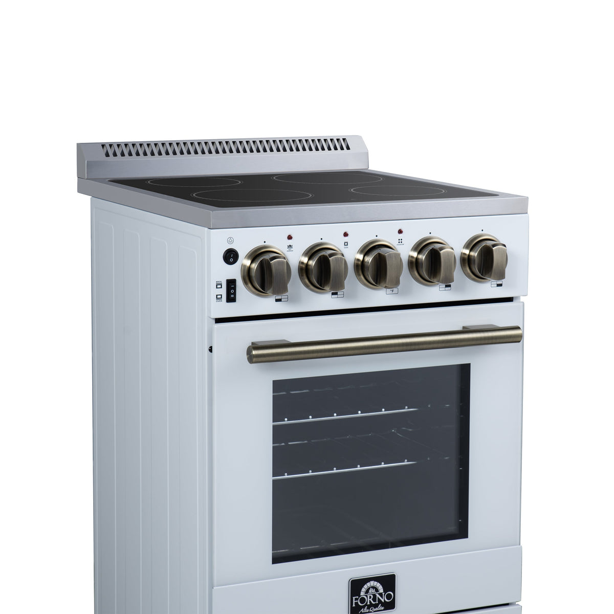Forno Pallerno 20-Inch Freestanding Electric Range, 2.05 cu ft, 4 Radiant Elements, Storage Drawer, White with Antique Brass Accents (Model FFSEL6052-20WHT)