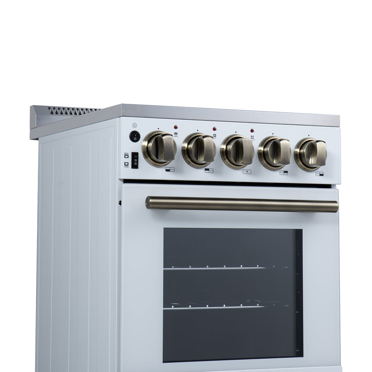 Forno Pallerno 20-Inch Freestanding Electric Range, 2.05 cu ft, 4 Radiant Elements, Storage Drawer, White with Antique Brass Accents (Model FFSEL6052-20WHT)
